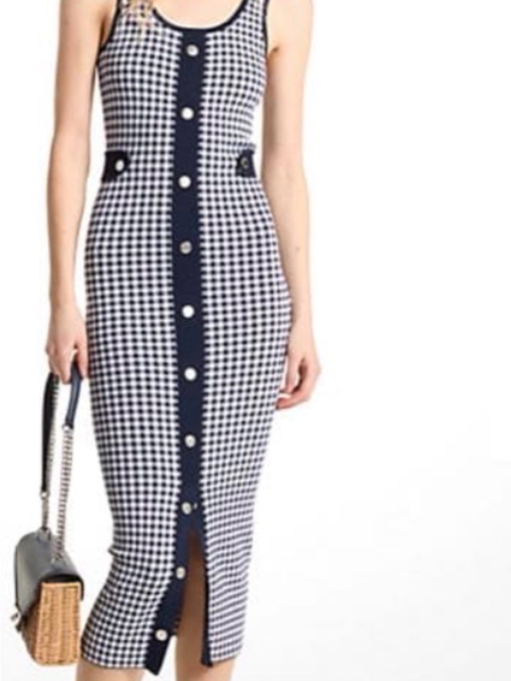 Michael Kors Navy and White Houndstooth Button-Front Midi Dress